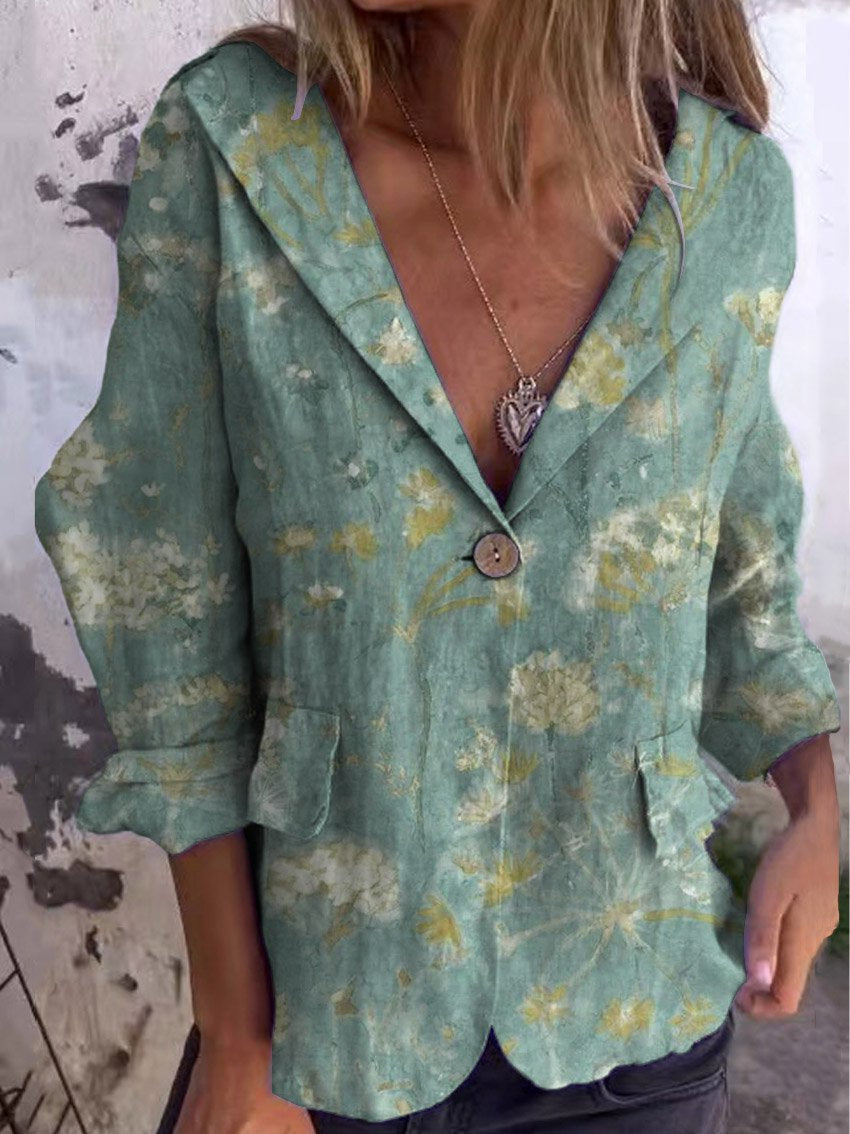 Women's Vintage Floral Art Print Casual Linen And Cotton Pocket Coat