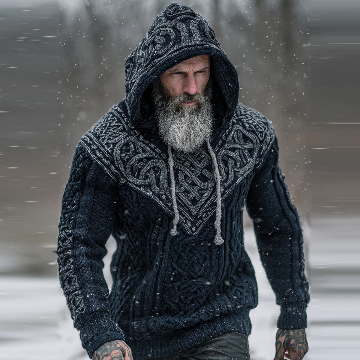 Men's Viking Tribal Jacquard Celtic Knotwork  Inspired Chunky Knit Hooded Sweater elevenforest