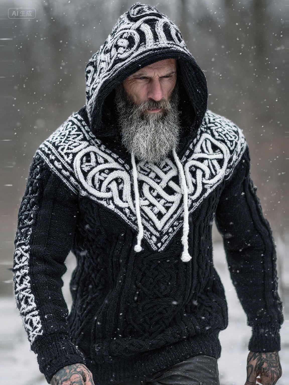 Men's Viking Tribal Jacquard Celtic Knotwork  Inspired Chunky Knit Hooded Sweater elevenforest