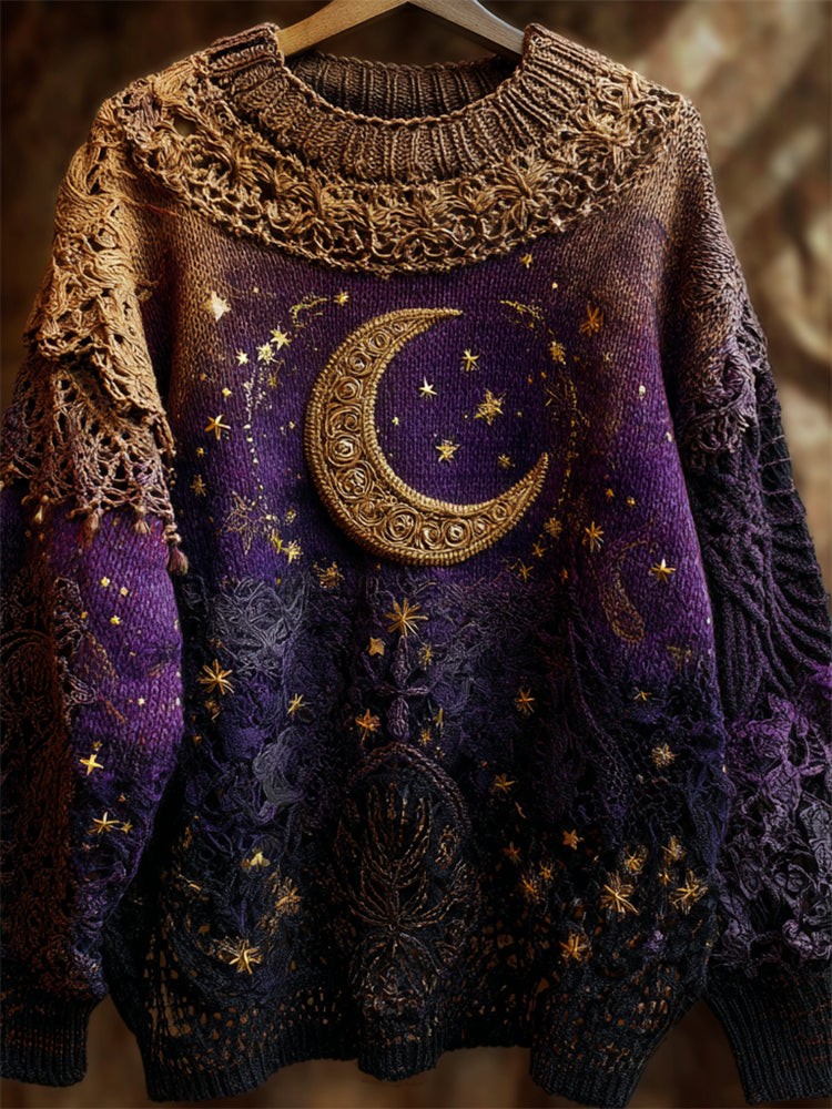 Mystical Celestial Glitter Moon & Stars Cozy Knit Sweater elevenforest
