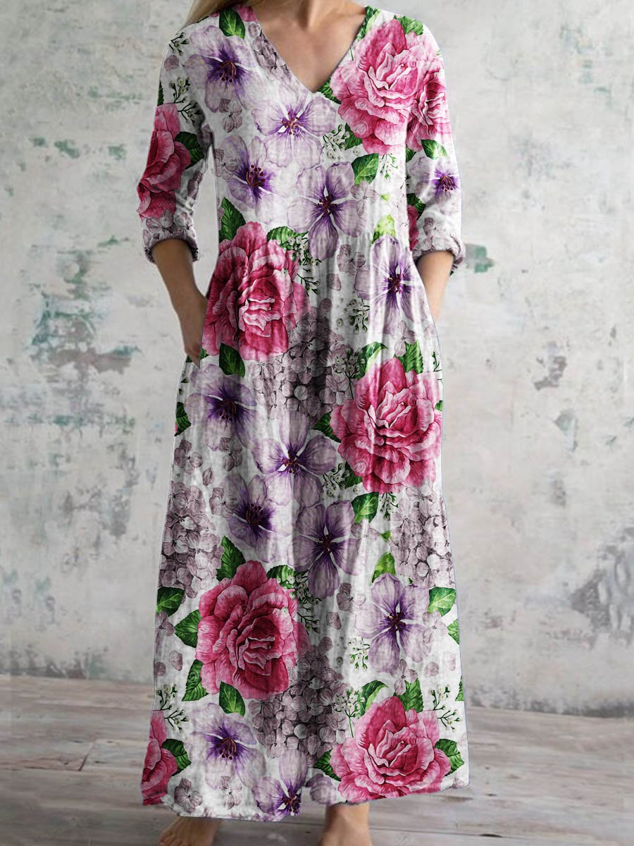 Women's Vintage Floral Art Pattern Printed Casual Cotton Dress