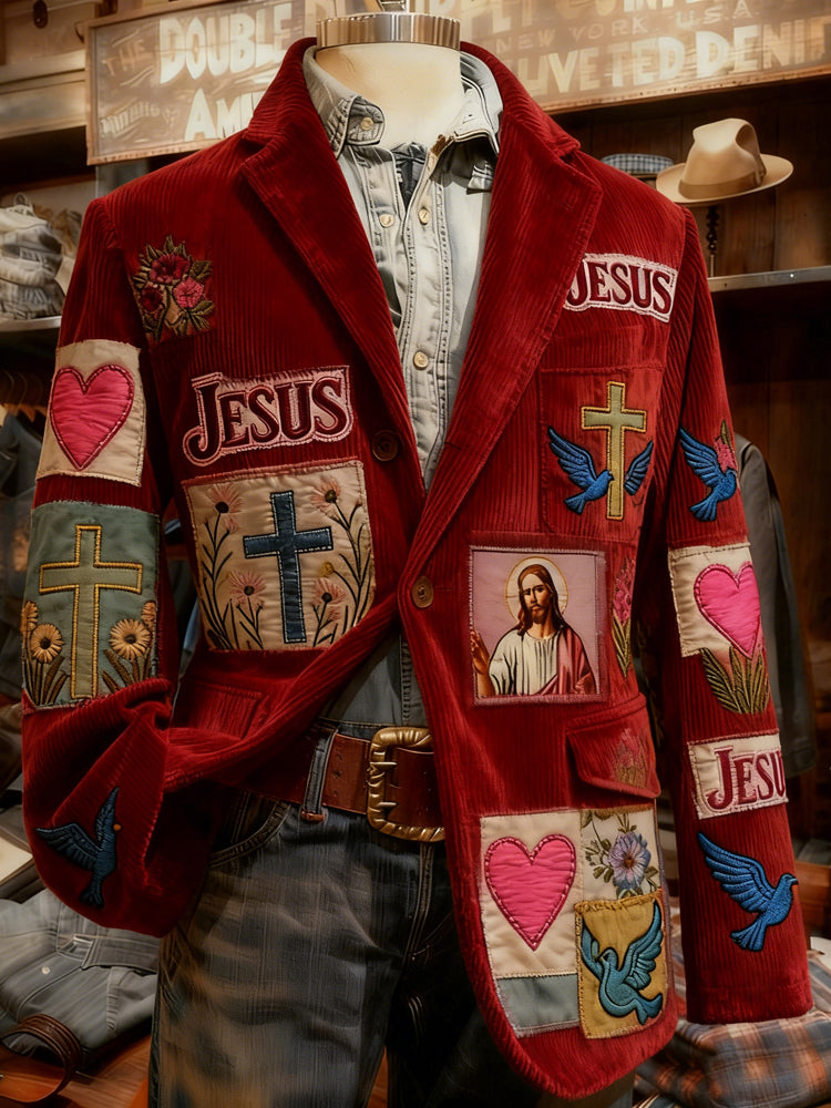 Comstylish Vintage Christian Patchwork Embroidered Comfy Corduroy Suit