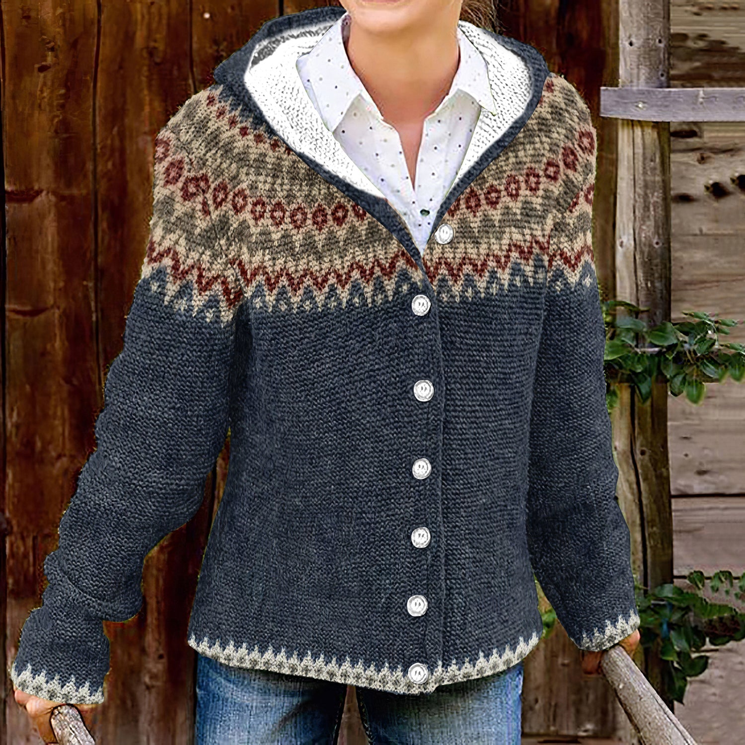 Vintage Contrast Print Hooded Button Knit Cardigan elevenforest