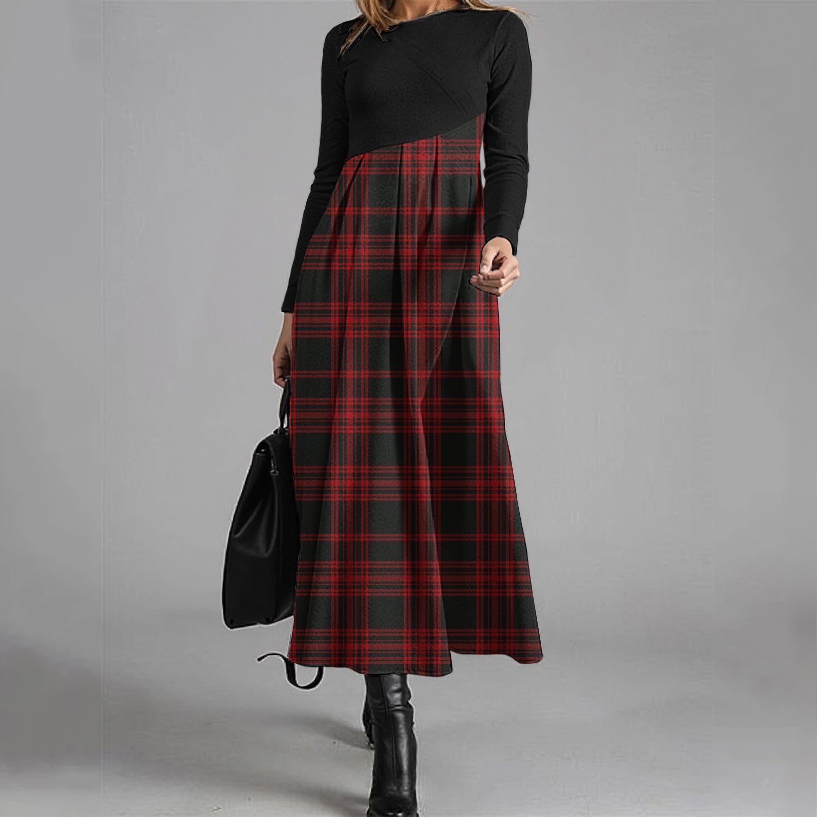 Women's Elegant Christmas Check Contrast Wool Dress elevenforest