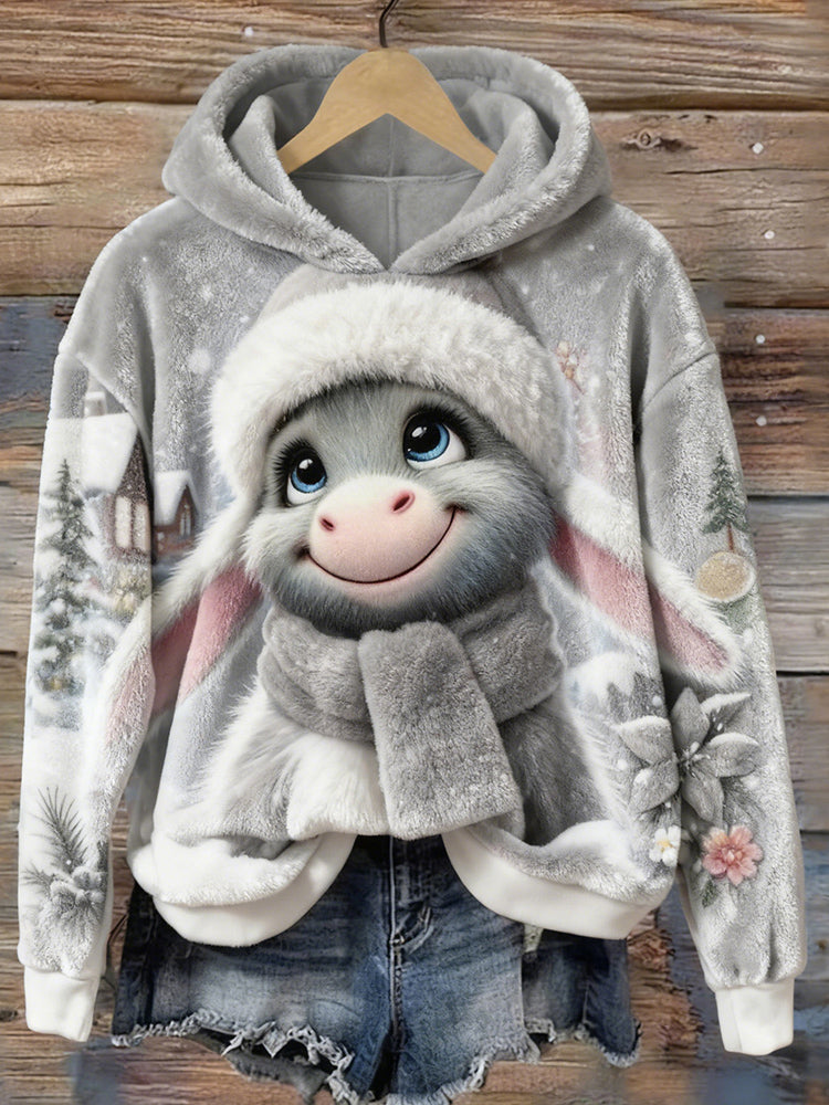 Winter Baby Donkey Art Pattern Cozy Plush Hoodie