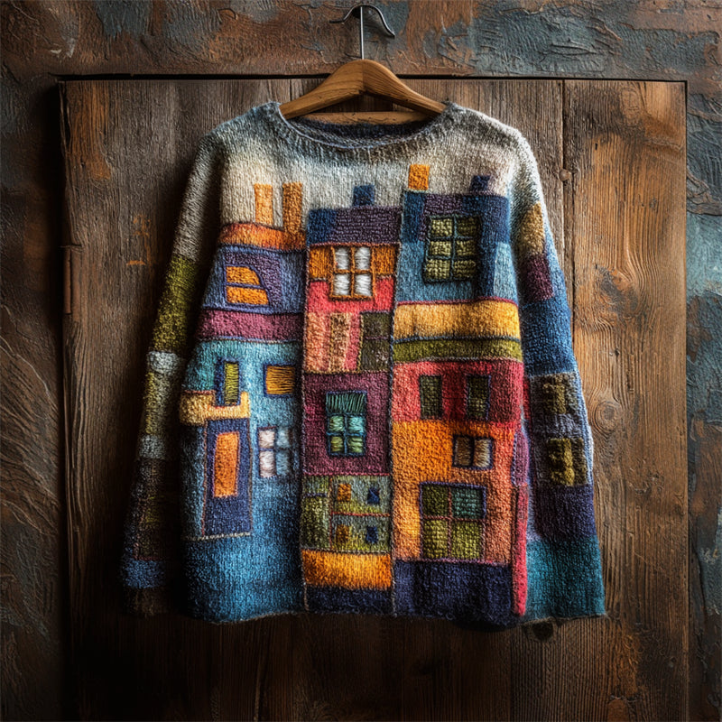 Colorful Street Building Inspired Colorblock Cozy Knit Sweater elevenforest