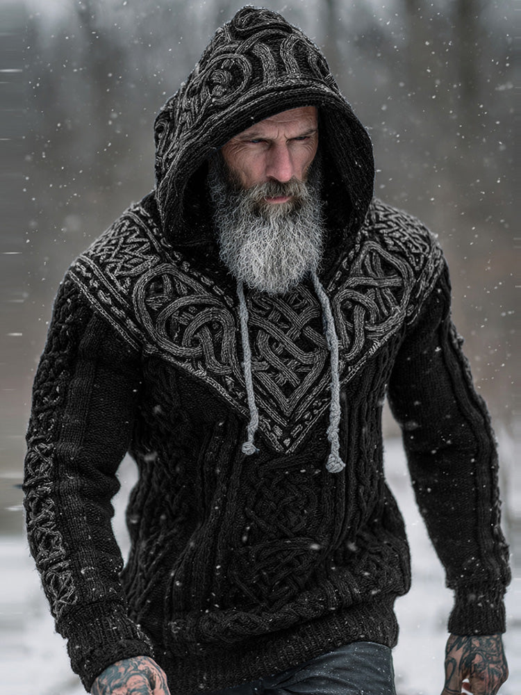 Men's Viking Tribal Jacquard Celtic Knotwork  Inspired Chunky Knit Hooded Sweater elevenforest