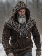Men's Viking Tribal Jacquard Celtic Knotwork  Inspired Chunky Knit Hooded Sweater elevenforest