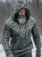 Men's Viking Tribal Jacquard Celtic Knotwork  Inspired Chunky Knit Hooded Sweater elevenforest