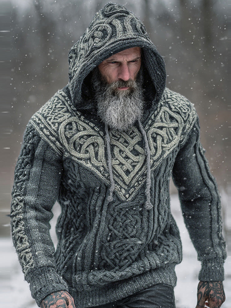 Men's Viking Tribal Jacquard Celtic Knotwork  Inspired Chunky Knit Hooded Sweater elevenforest